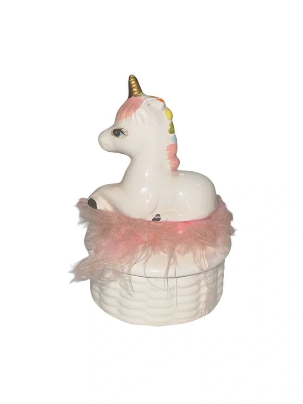Vintage Ceramic Unicorn Trinket Box | Pink Feather Trim | Whimsical Vanity Decor